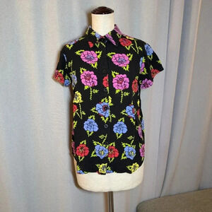 Nooworks Black Blouse Joyce Shirt Thorny Rose Top Short Sleeve Button Up Small
